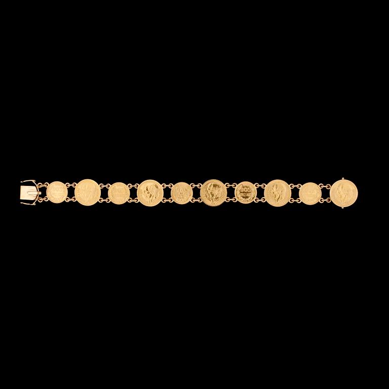 A Spanish gold coin bracelet, weith 28 g.