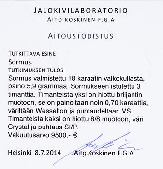 RING, 18K vitguld, mittstenen briljantslipad diamant 0,70 ct. Vikt 5,9 g. Intyg.