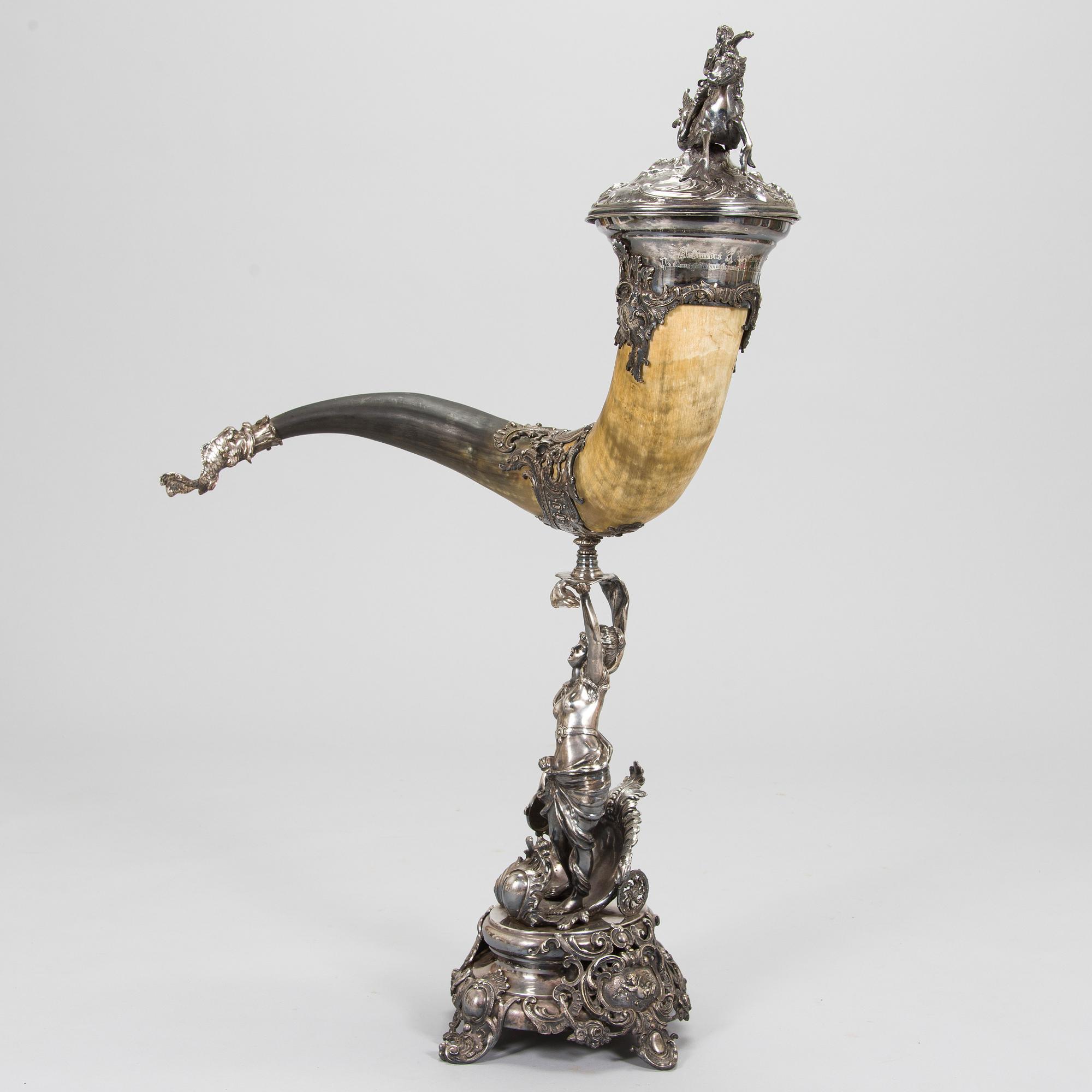Silver-plated horn decoration, the end of 19th century. Height 93 cm.