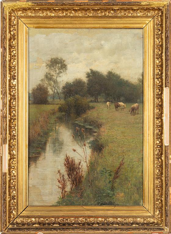 French School, 19th century, River landscape with grazing cows.