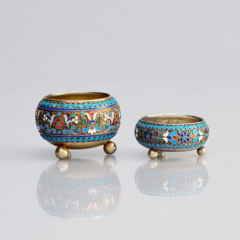 Two Russian spice/salt-cellars, parcel-gilt silver and enamel, mark of Ivan Saltykov and Ivan Sergeyevich Lebedkin.