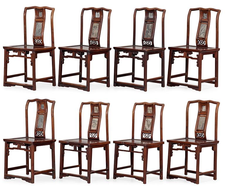 A set of eight hardwood and stone inlayed chairs, late Qing dynasty (1644-1912).