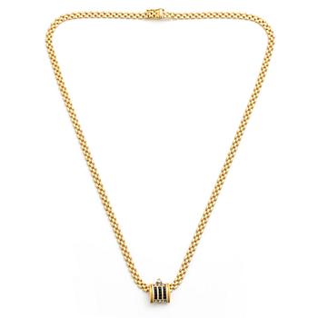 18K gold necklace with a detachable pendant in 18K gold, set with small diamonds and blue stones, probably sapphires.