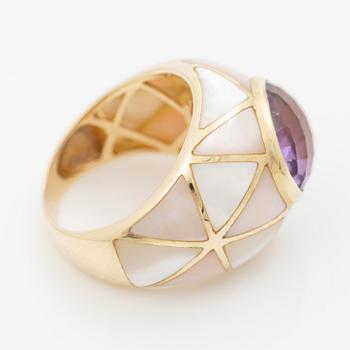 14K gold ring with mother-of-pearl and an oval checker-cut amethyst.