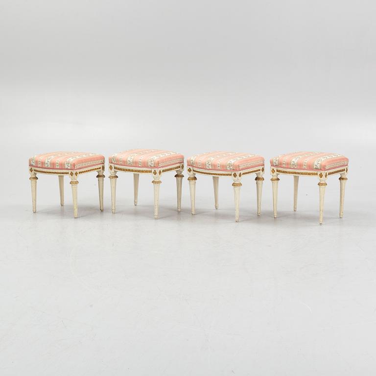 An assembled suite of four late gustavian stools by J. Lindgren and E. Ståhl, Stockholm circa 1800.