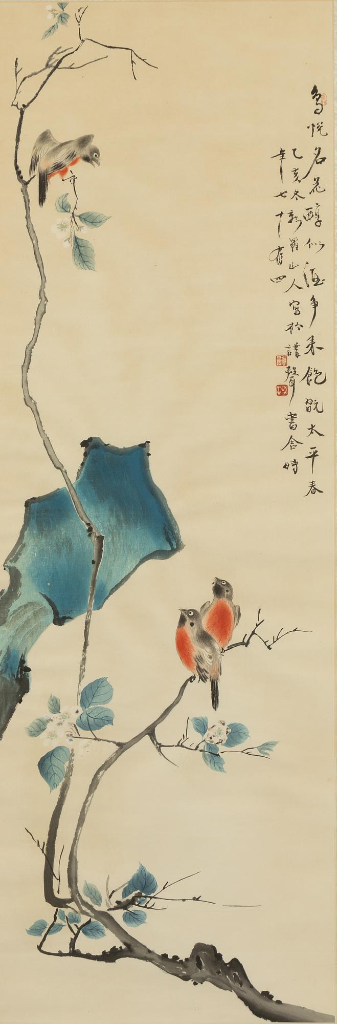 A Chinese painting by an anonymous artist, "Birds in a garden", 20th century.