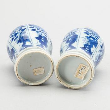 A set of two pairs of Kangxi and Kangxi style blue and white porcelain vases.