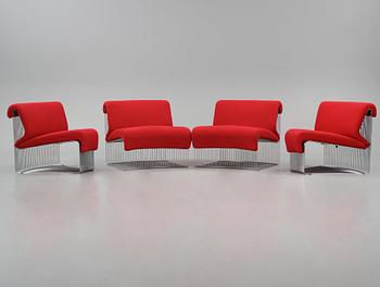 Verner Panton, modulsoffa, fyra delar, "Pantonova", modell "105T" & "106T", Fritz Hansen, Danmark, efter 1971.