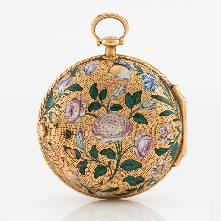A 20k gold and enamel pocket watch by J-B Dutertre, the case by F. Bergs, Stockholm 1754.