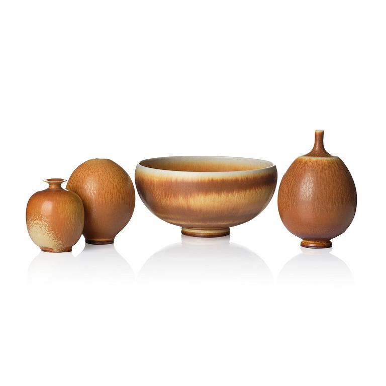 Berndt Friberg, a set of three stoneware vases and a bowl, Gustavsberg Studio 1951-69.