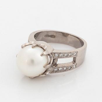 Cultured pearl and brilliant-cut diamond ring.