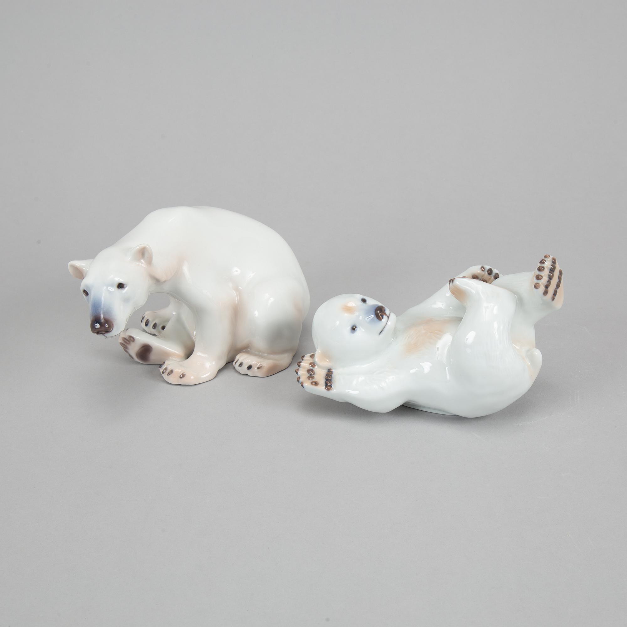 Royal Copenhagen, two porcelain polar bears, 537 and 1629, Denmark, 1985-2004.
