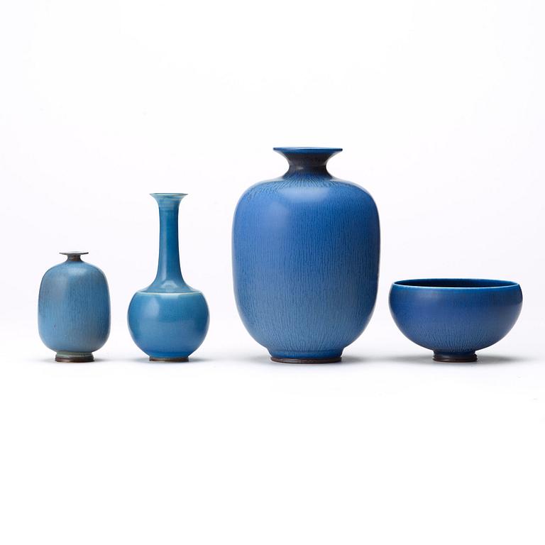 Berndt Friberg, a set of three stoneware vases and a bowl, Gustavsberg studio 1976.