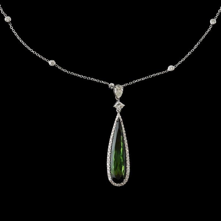 A tourmaline, circa 5.08 cts, and diamond, circa 1.30 cts, necklace.