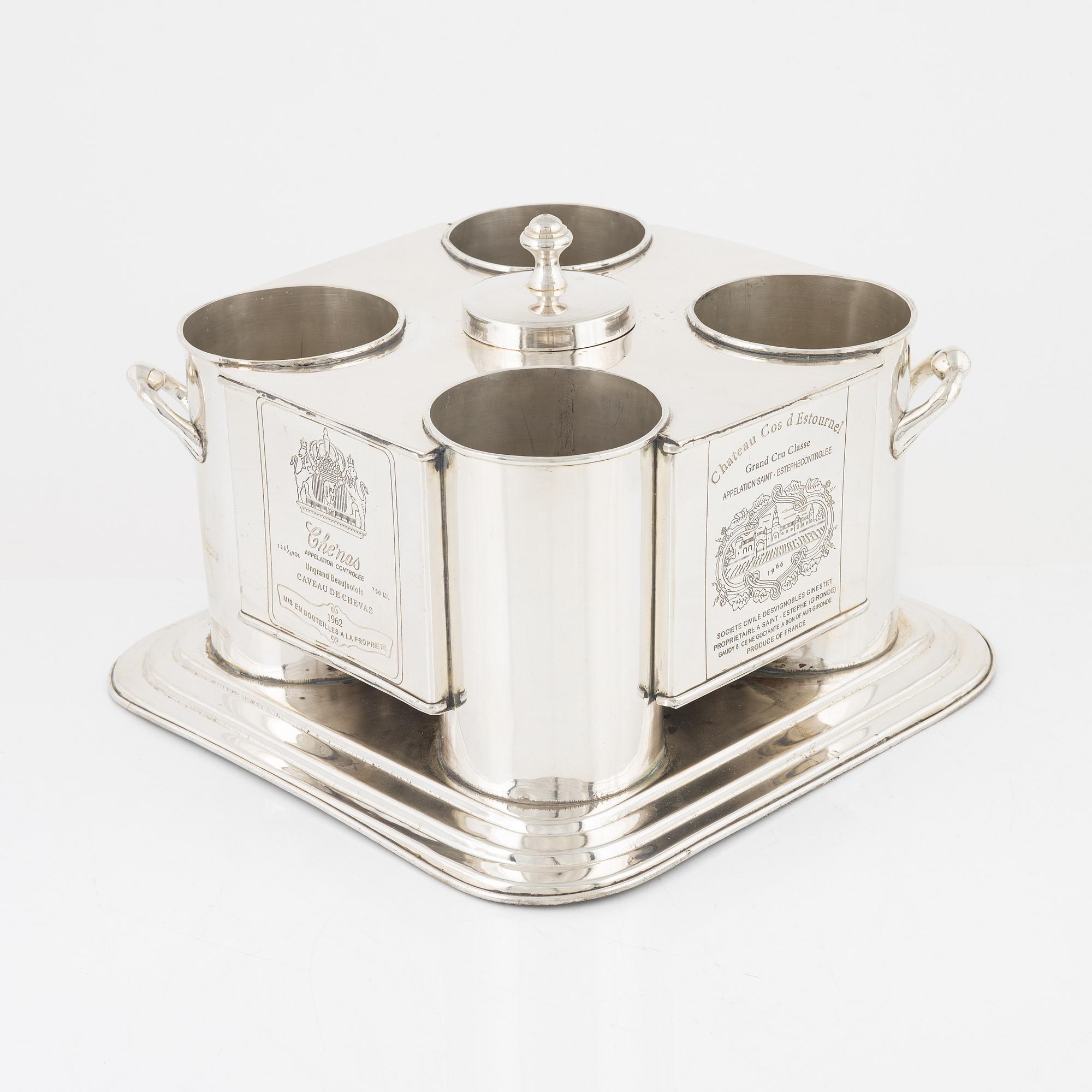 Vinkylare, nysilver, samtida, för fyra flaskor och is.