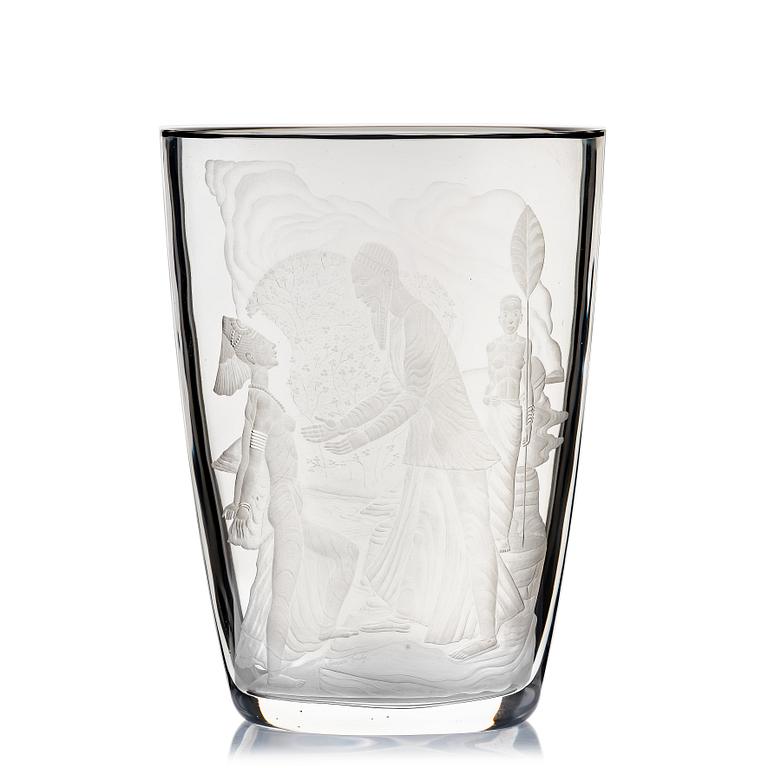 Simon Gate, an engraved glass vase, Orrefors, Sweden 1947, engraved by Arthur Diessner.