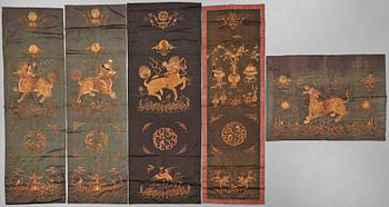 716. A set of five embroidered silk panels/chair covers, Qing dynasty (1644-1912).