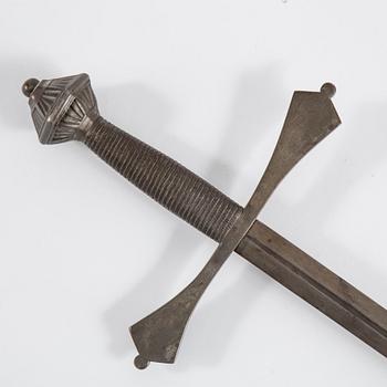 Two swords, shield  and a halberd, late 19th century.