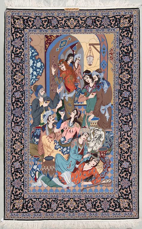 A figural part silk Esfahan rug, signed Saide Atrian. Around 249 x 160 cm.