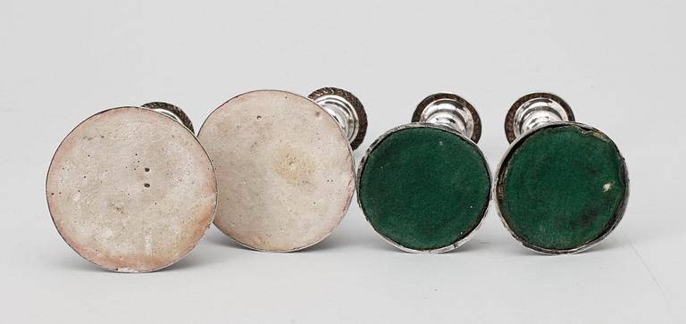 LJUSSTAKAR, 2 par, silver, senempire, D.Hermansson & Co resp otydl mästarstämpel, Stockholm 1842 res 1851.