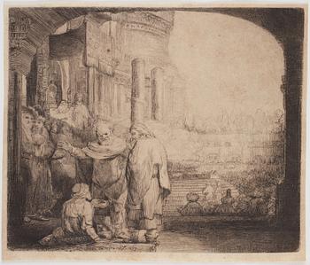 Rembrandt Harmensz van Rijn, “Peter and John at the Gate of the Temple", senare avdrag, troligen 1700-tal.