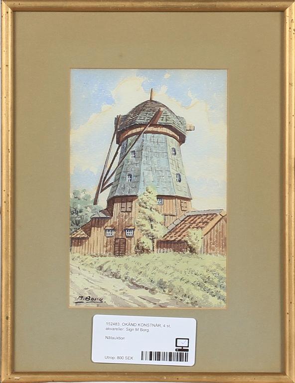 OKÄND KONSTNÄR, akvareller, 4 st. Sign M Borg.