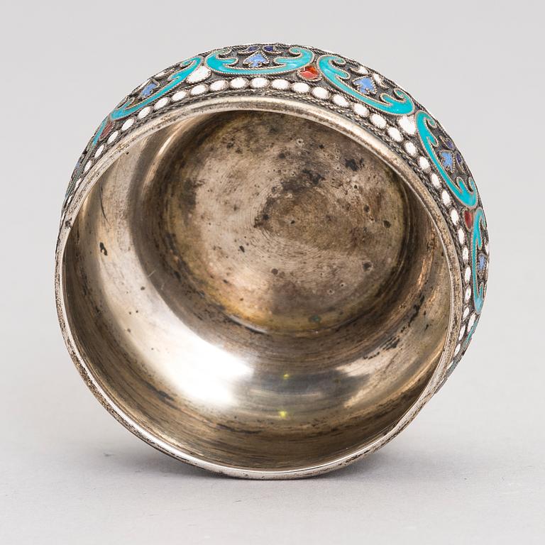 A Russian enamelled silver salt cellar, Moscow, early 1900s.