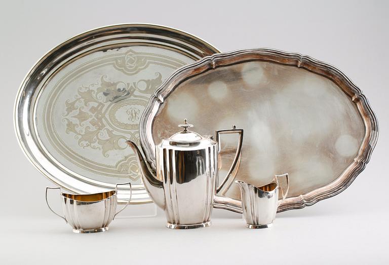 KAFFESERVIS, 3 delar samt BRICKOR, 2 st, nysilver, en märkt Dufva, 1900-talets första hälft.