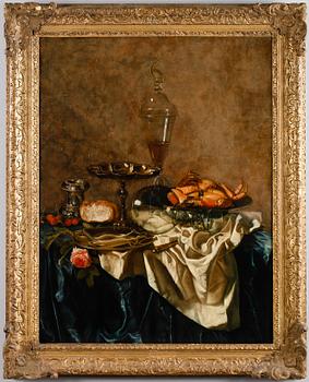 Willem-Claesz Heda Follower of, Still life with a crab, glass trophy, a rose and cherries.