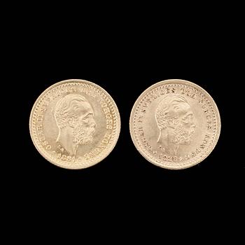 GULDMYNT, 2 st, 5 kr, Oscar II, 1881 resp 1886. Vikt ca 4,5 g.