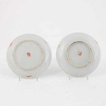 A Chinese bowl, two plates and three dishes, 18th century and later.