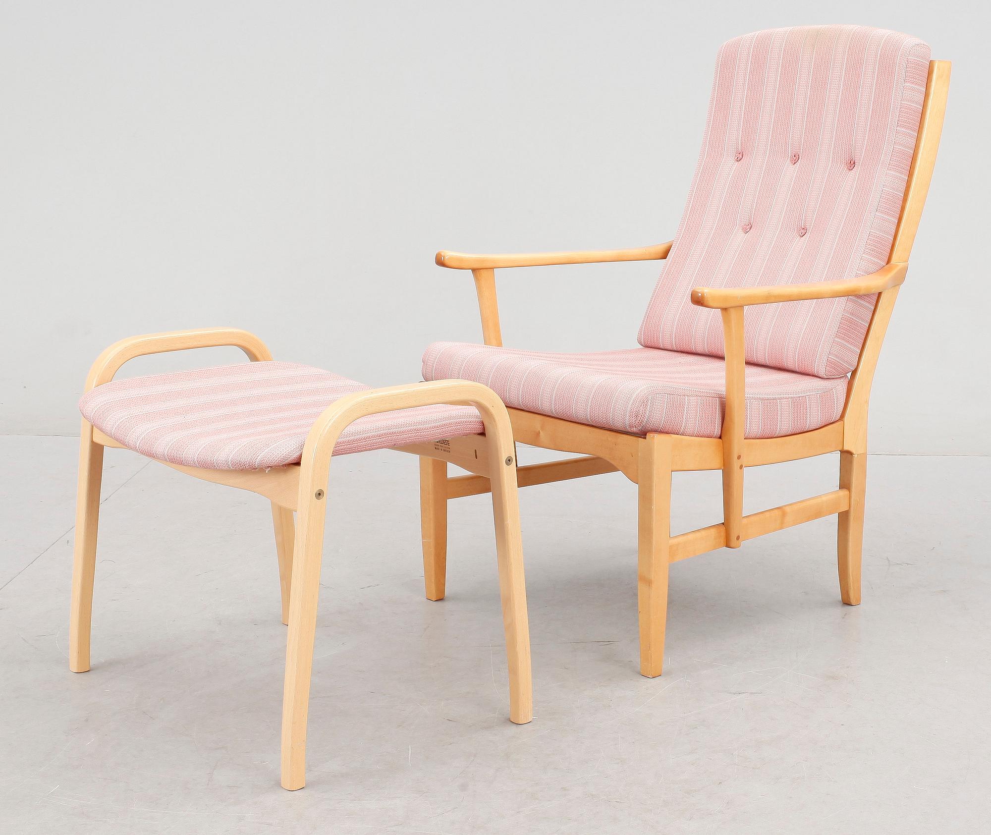 FÅTÖLJ OCH PALL, ""Stora fjäderbrickan" Carl Malmsten resp "Lamino" Yngve Ekström, Swedese.