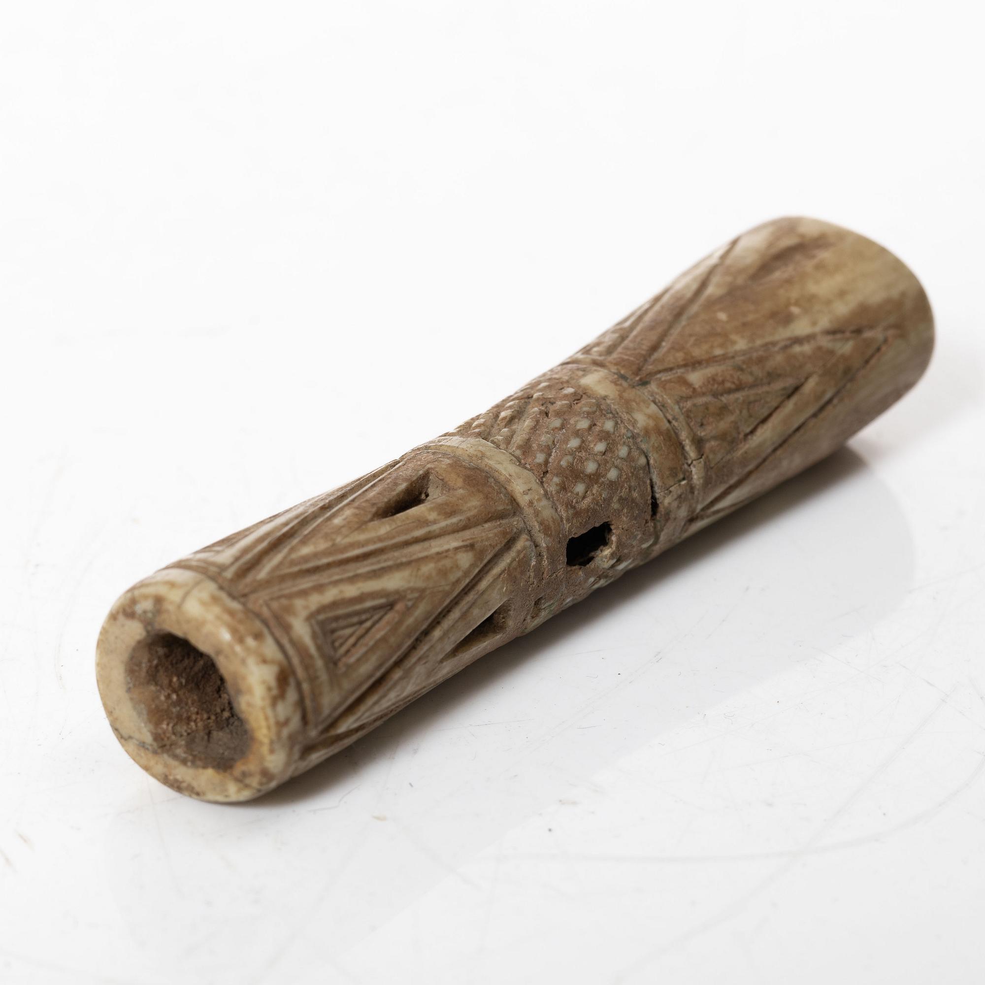 A Chinese green stone brush washer, a carved bone and a soapstone figure, partly Qing dynasty.