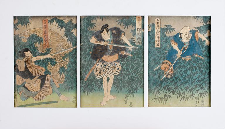 KUNISADA TOYOKUNI III, triptyk, träsnitt, Japan, 1800-tal.