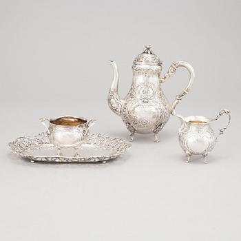 A silver mocha pot, creamer, sugar bowl and tray, some with mark of Gewe, Malmö 1950-51.