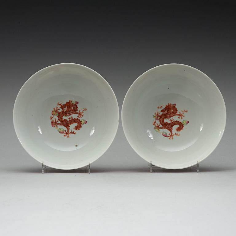 A pair of Republic five clawed dragon bowls, with Guangxus six character mark.