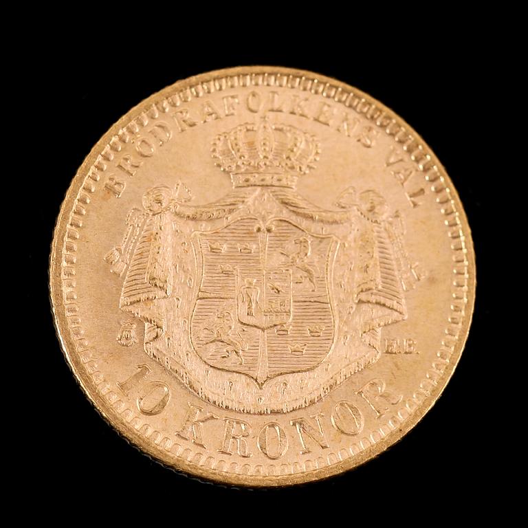 GULDMYNT, 10 kronor, Oscar II, 1894.  Vikt ca 5 gram.