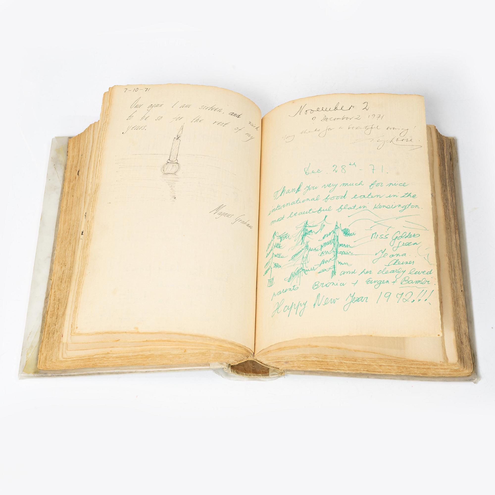 Hjalmar Gabrielssons gästbok, 1926 - 1994, samt brev från Evert Taube, 1965.