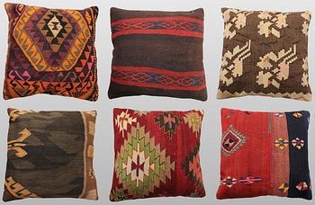 Cushion covers, 6 pcs, made of Anatolian Kilim fragments.