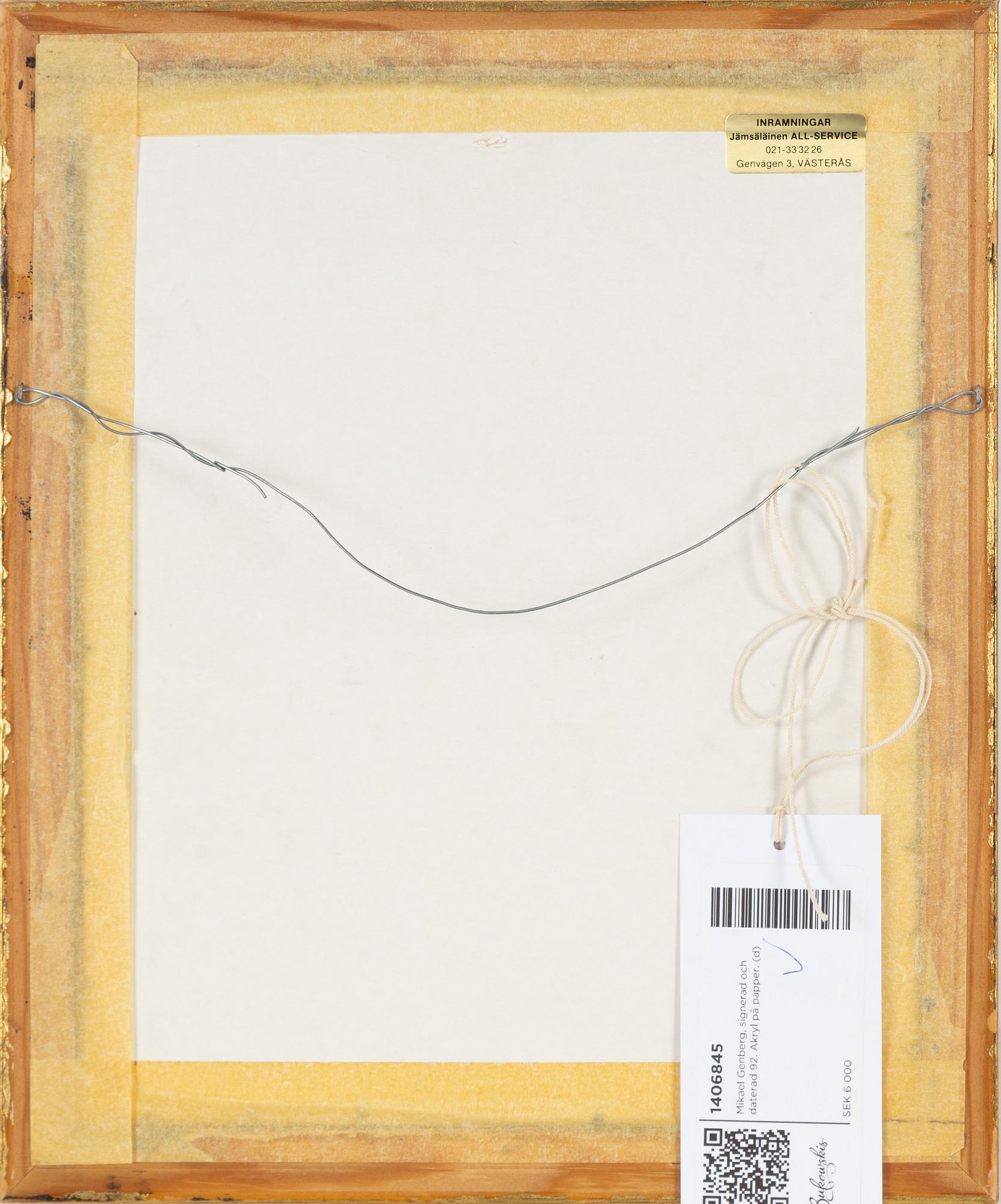 Mikael Genberg, signed and dated 92. Acrylic on paper.