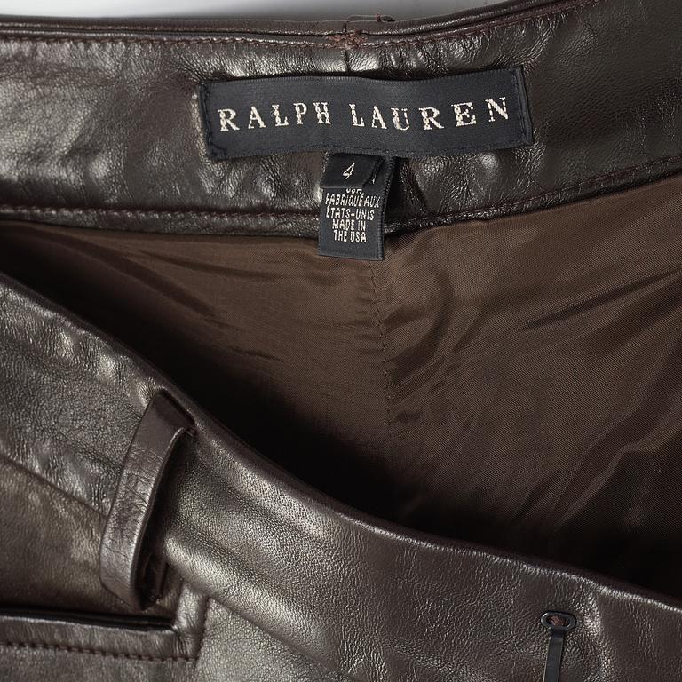 Apair of dark brown leather pants by ralph lauren.