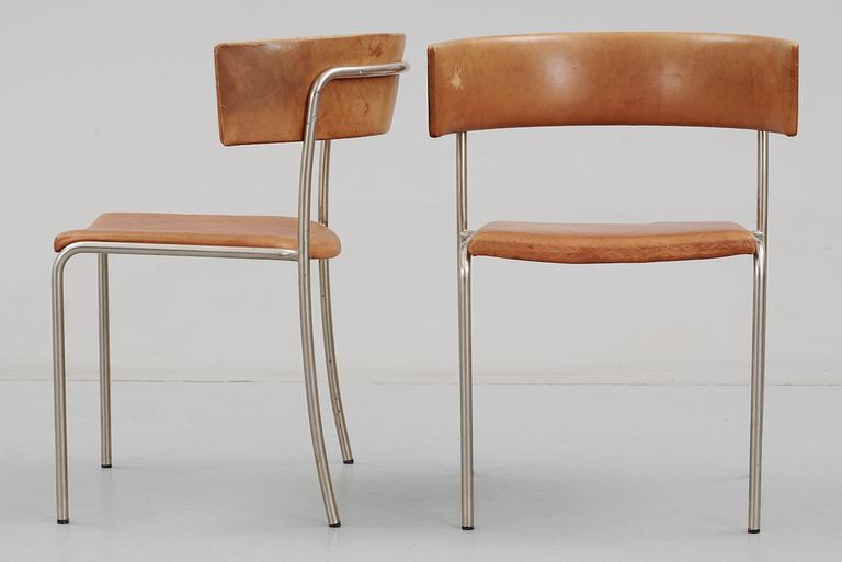 A pair of Erik Karlström steel and brown leather chairs, Stockholm ca 1965.