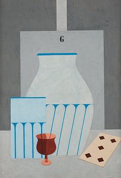 497. Otto G Carlsund, Still life with glass, vases and playing cards.