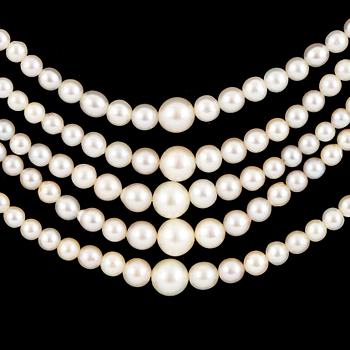 Diamond clasp cultured pearl necklace five rows.