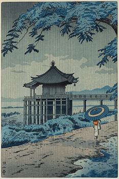 Takeji Asano (1900-1999), Japan, 'Drizzling rain in Ukimido'.