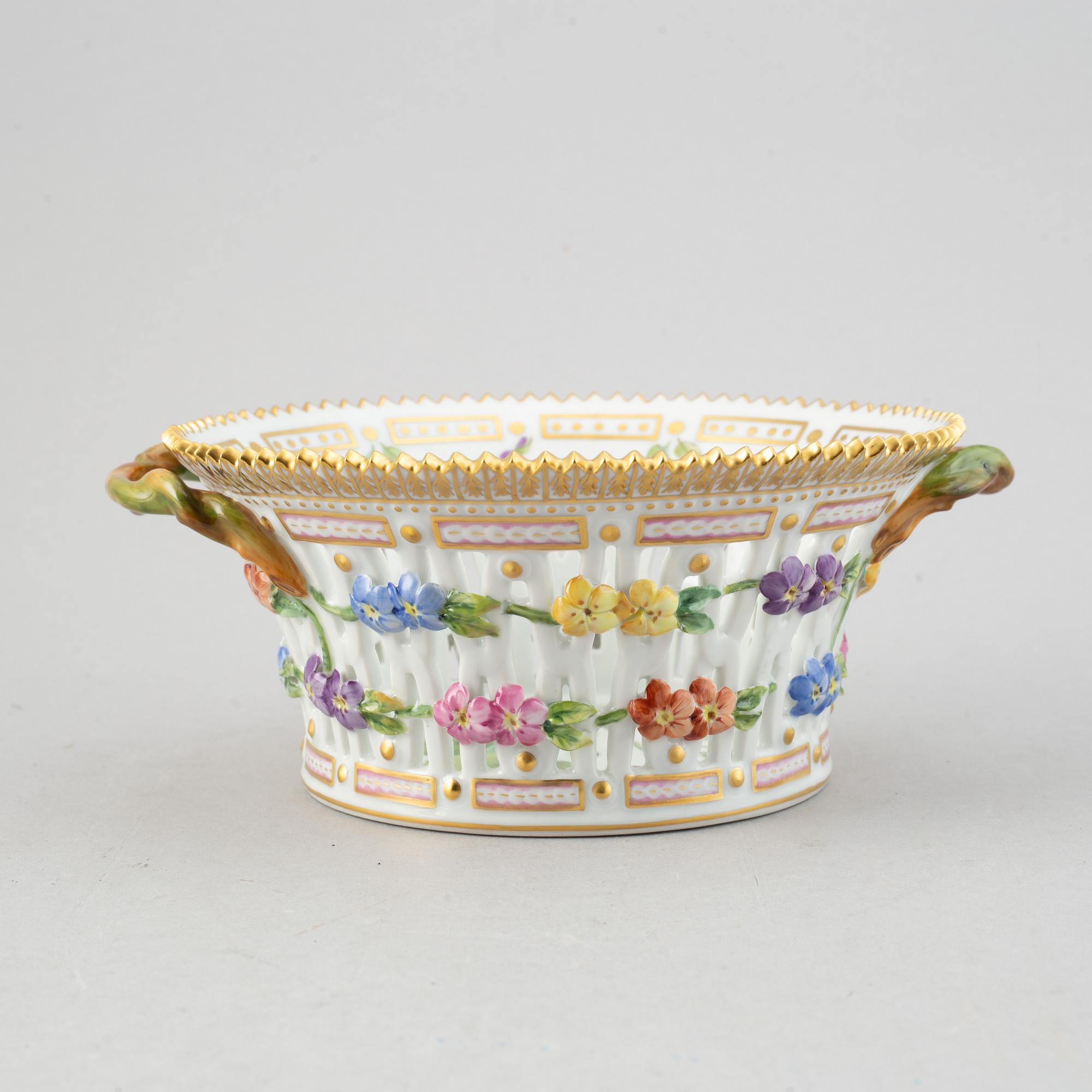 A Royal Copenhagen "Flora Danica" chesnut baskets with stands, Denmark, mid 20th Century.