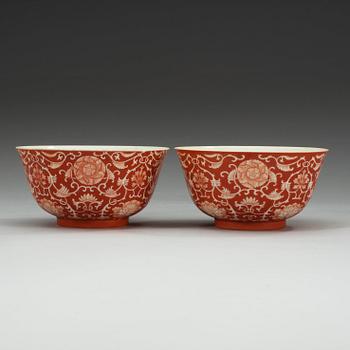 A pair of coral red bowls, Late Qing dynasty with Daoguang seal mark.