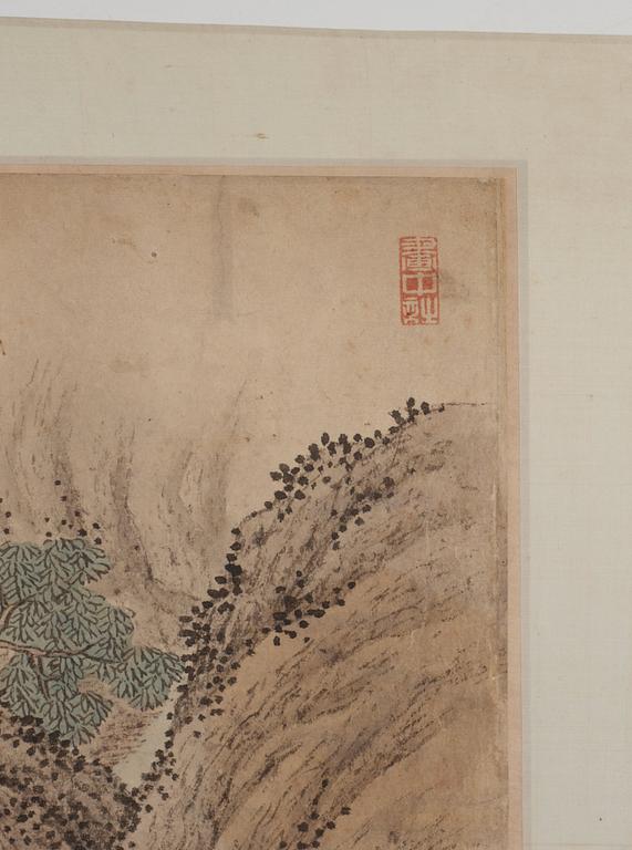 A handscroll of figures in a landscape, and with calligraphy, Qing dynasty, 19th Century.