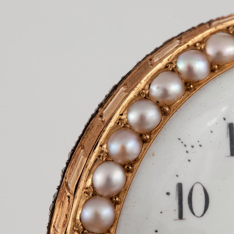 FICKUR, guld, emalj, pärlor samt pastestenar, märkt: "Breguet, Paris", sannolikt 1700-talets slut.