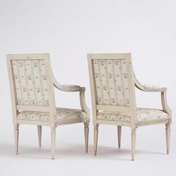 A pair of Gustavian open armchairs by J. Lindgren (master in Stockholm 1770-1800).